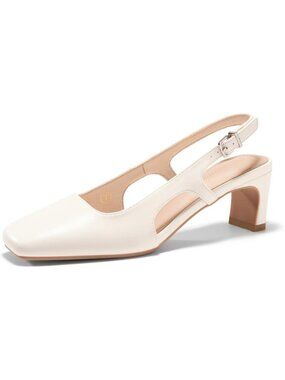 Women's Beige Pu Closed Square Toe Slingback Chunky Low Heels Party Pumps Shoes